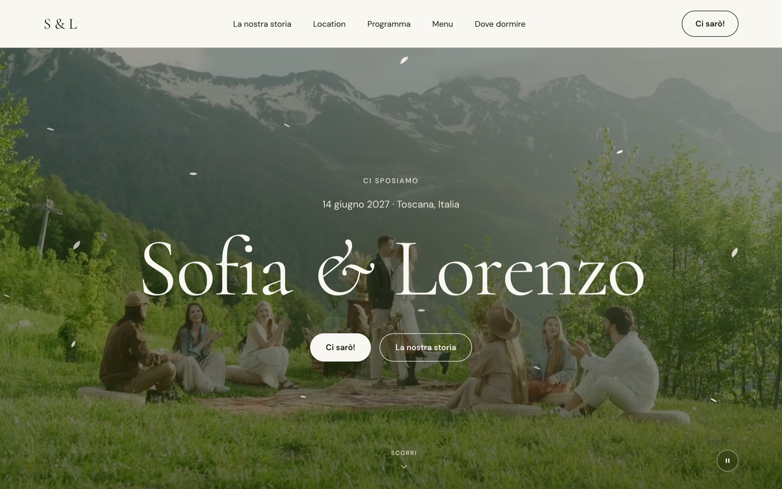 Pagina iniziale del sito del matrimonio di Sofia e Lorenzo, con video di sfondo e pulsante Ci sarò